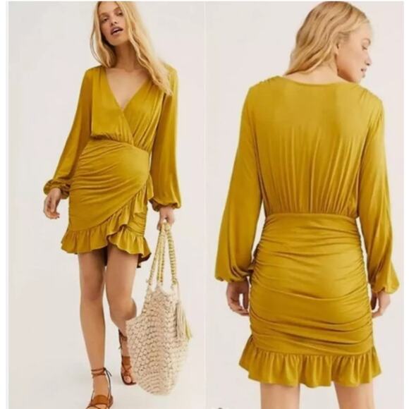 Free People Beach Miami Ruched Mini Dress Tea Leaf V Neck Party Mini Dress L - Picture 1 of 13